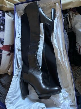 Stuart Weitzman Black Leather and Stretch Over-the-Knee Block Heel Boots